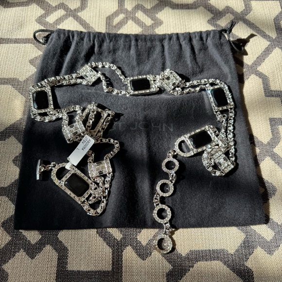 NEW St. John Swarovski Halo Crystal Chain Belt Black Stones Emerald Cut Silver main image 13